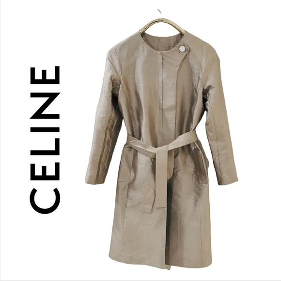 Celine Jackets & Blazers - CELINE {40} Silk Evening Coat Silk Metallic Ecru/Gold Knee-Length Belted NWT
